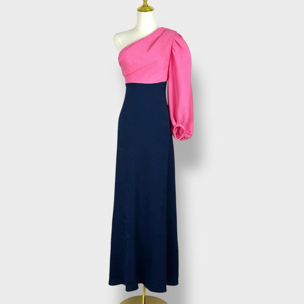 NWT $375 Staud DIDI Navy Pink One Shoulder Runway Maxi Dress Gown Sz 2